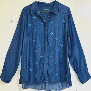 C. Wonder Blue Chambray Shirt Size XL Stones Lyocell Long Sleeve Button Blouse